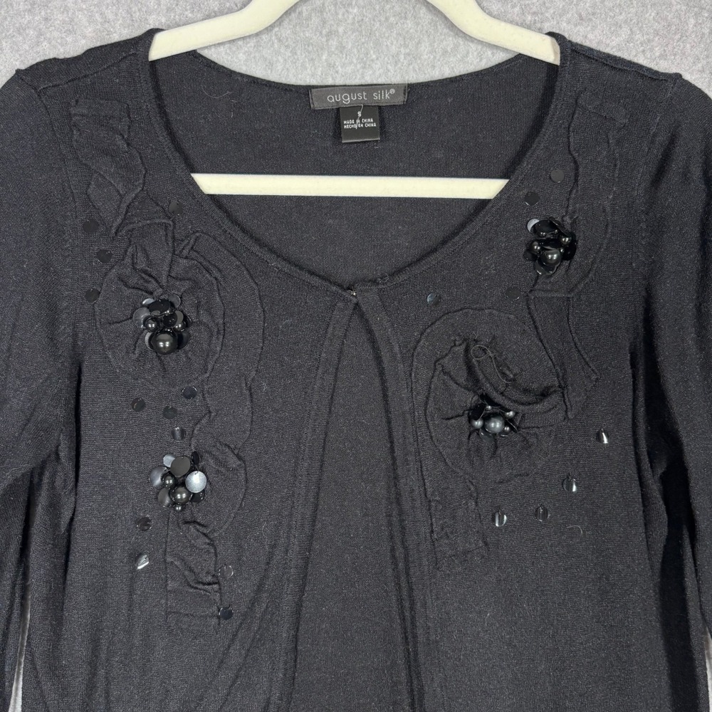 August Silk Embellished‎ Cardigan Sweater Small Dainty Beaded Floral Applique